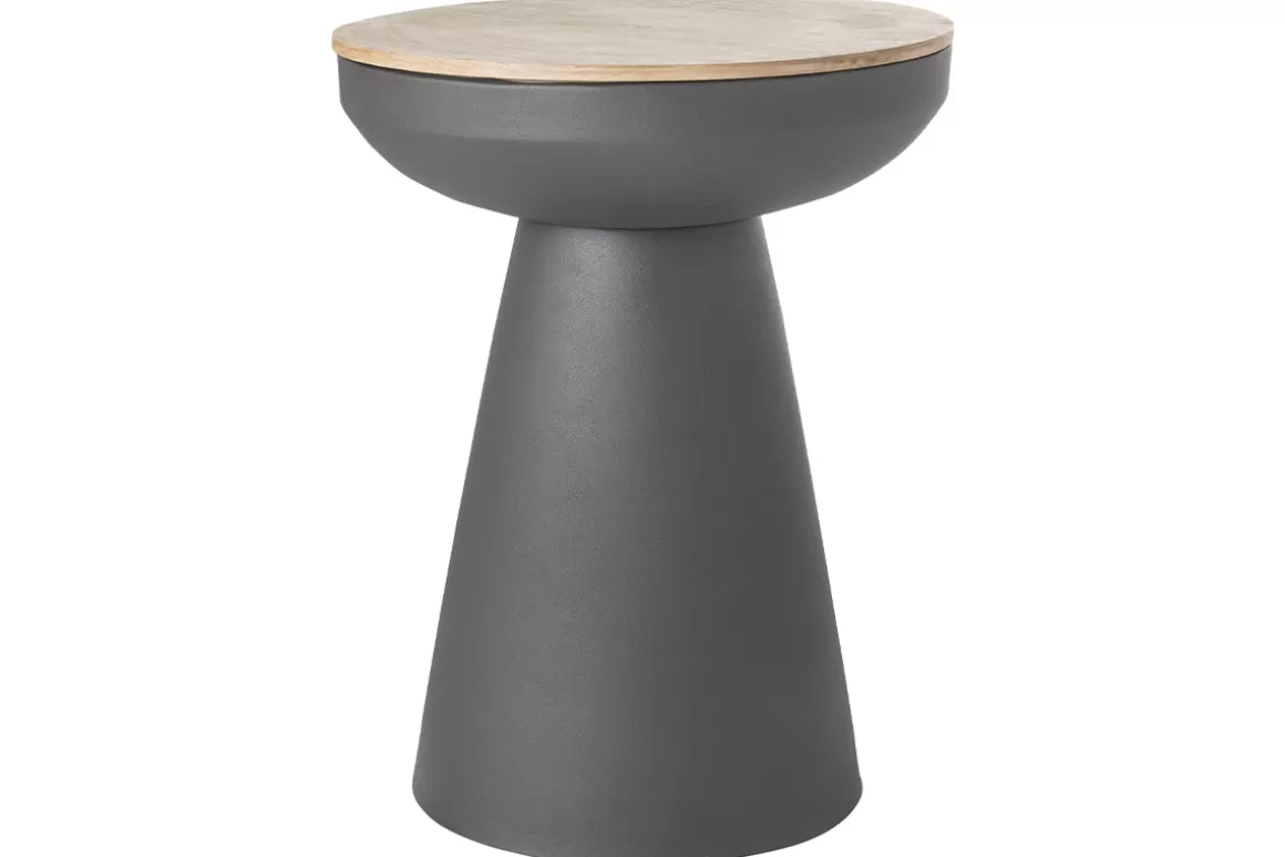 Miliboo Runder Design-Beistelltisch mit Ablage aus anthrazitgrauem Metall und massivem Mangoholz H52 cm TAM