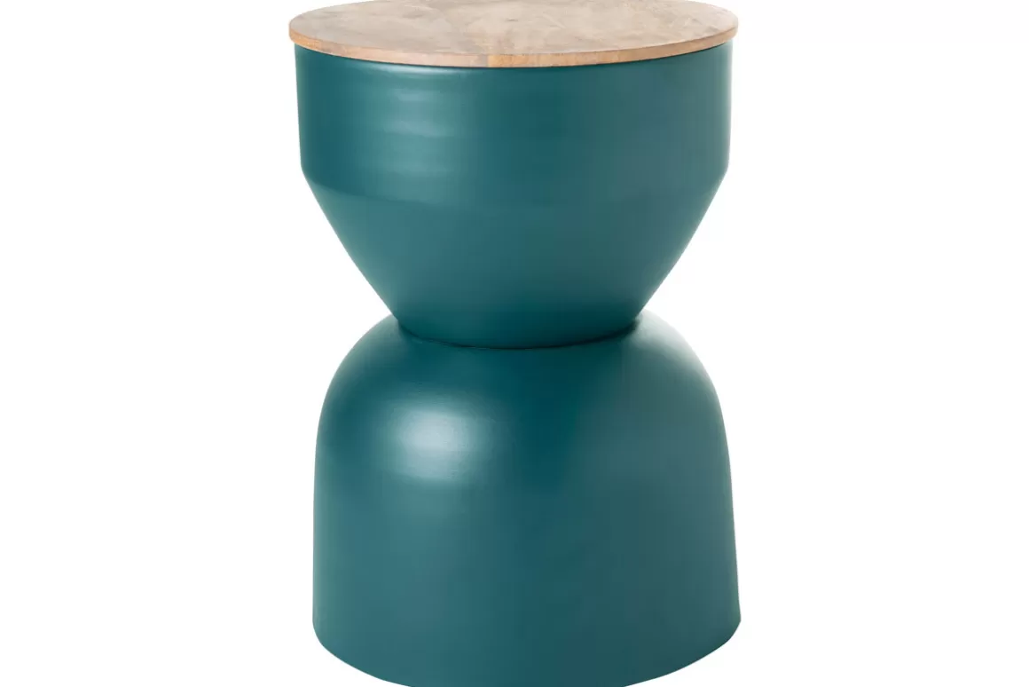 Miliboo Runder Design-Beistelltisch mit Ablage aus entenblauem Metall und massivem Mangoholz D30 cm YOYO