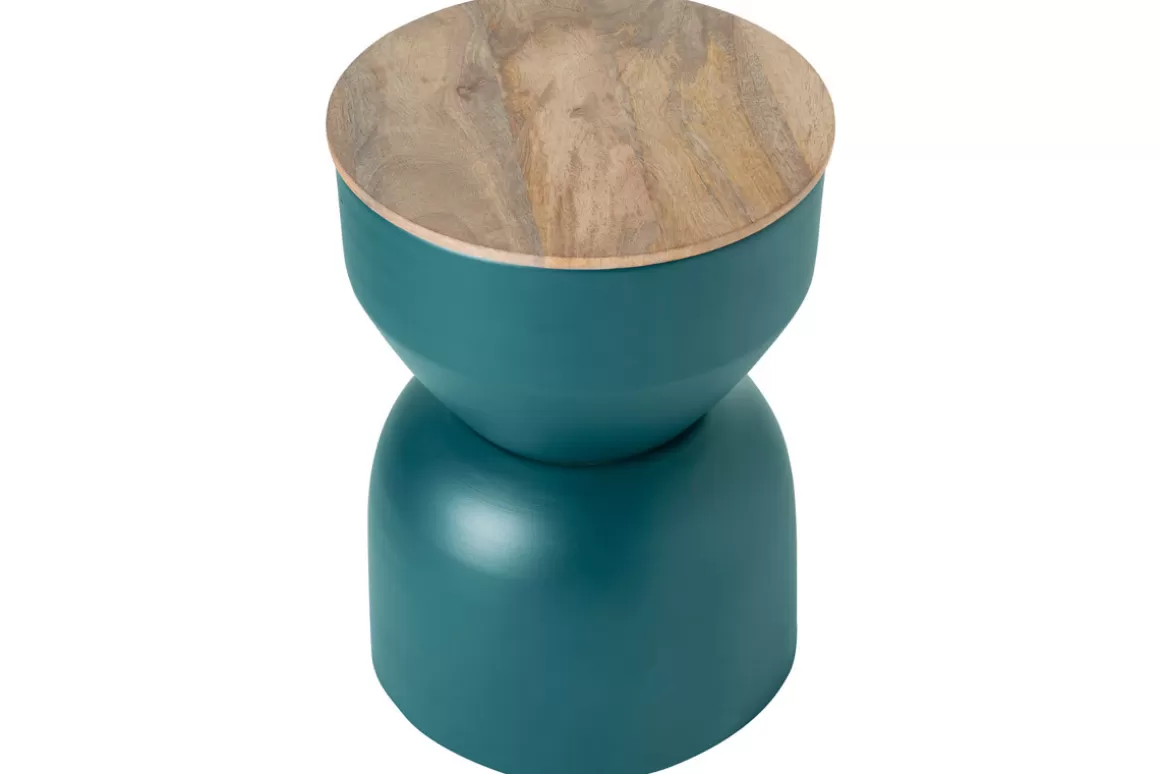 Miliboo Runder Design-Beistelltisch mit Ablage aus entenblauem Metall und massivem Mangoholz D30 cm YOYO