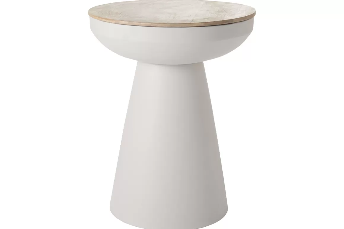 Miliboo Runder Design-Beistelltisch mit Ablage aus hellbeigem Metall und massivem Mangoholz H52 cm TAM