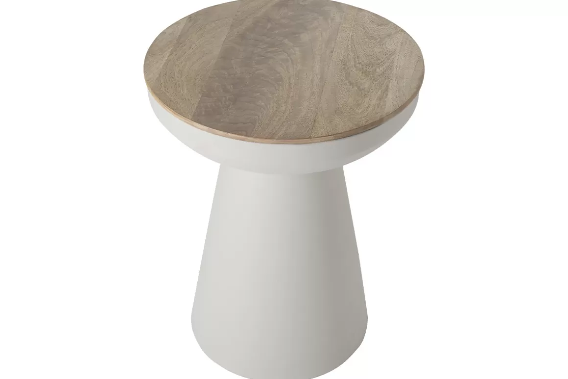 Miliboo Runder Design-Beistelltisch mit Ablage aus hellbeigem Metall und massivem Mangoholz H52 cm TAM