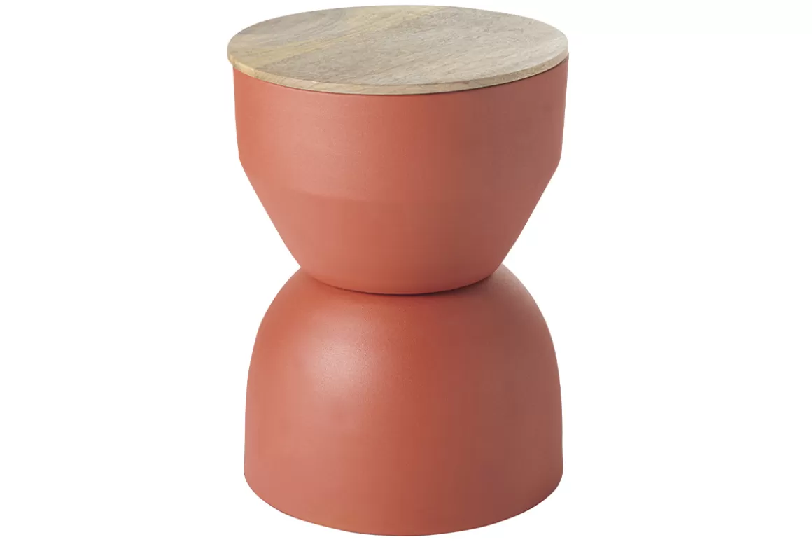 Miliboo Runder Design-Beistelltisch mit Ablage aus rotbraunem Metall und massivem Mangoholz D30 cm YOYO