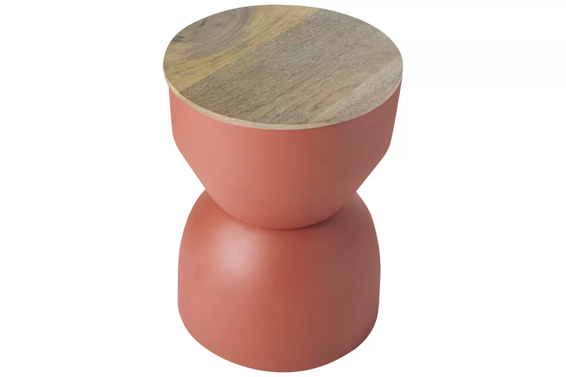 Miliboo Runder Design-Beistelltisch mit Ablage aus rotbraunem Metall und massivem Mangoholz D30 cm YOYO