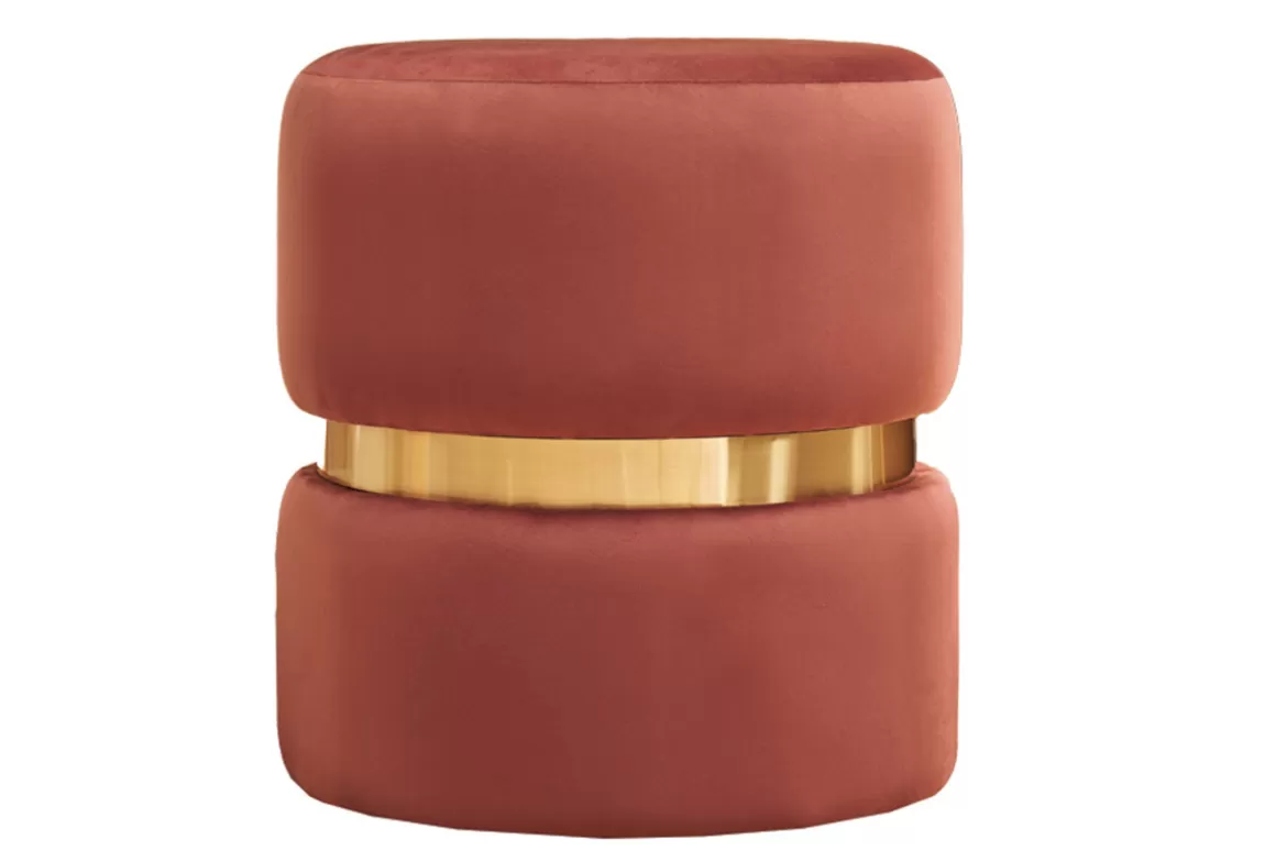 Miliboo Runder Pouf aus blauem Samt, ziegelrotem Rot und goldenem Metall D40 cm JOY