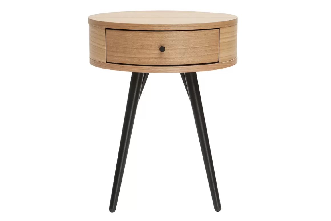 Miliboo Runder Vintage-Nachttisch aus hellem Holz, schwarzem Metall KORAL