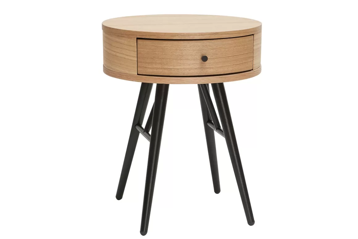 Miliboo Runder Vintage-Nachttisch aus hellem Holz, schwarzem Metall KORAL