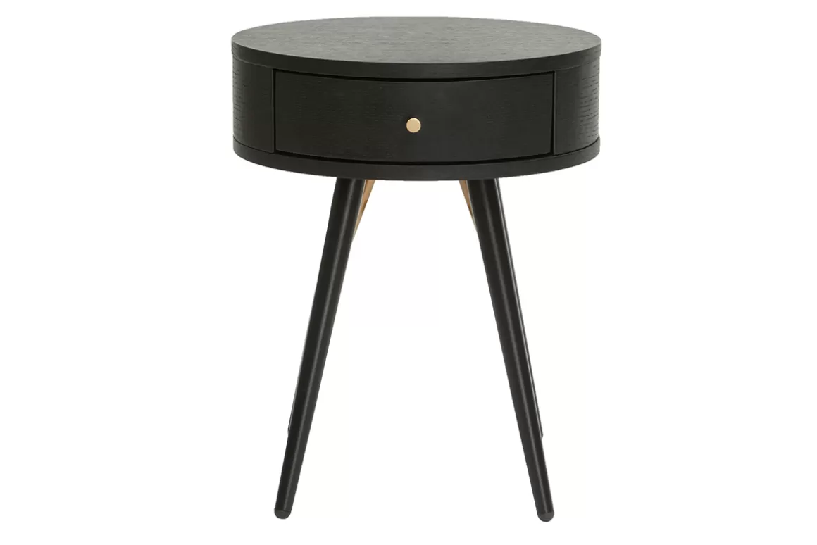 Miliboo Runder Vintage-Nachttisch aus Holz, schwarzem Metall und goldfarbenen Details KORAL