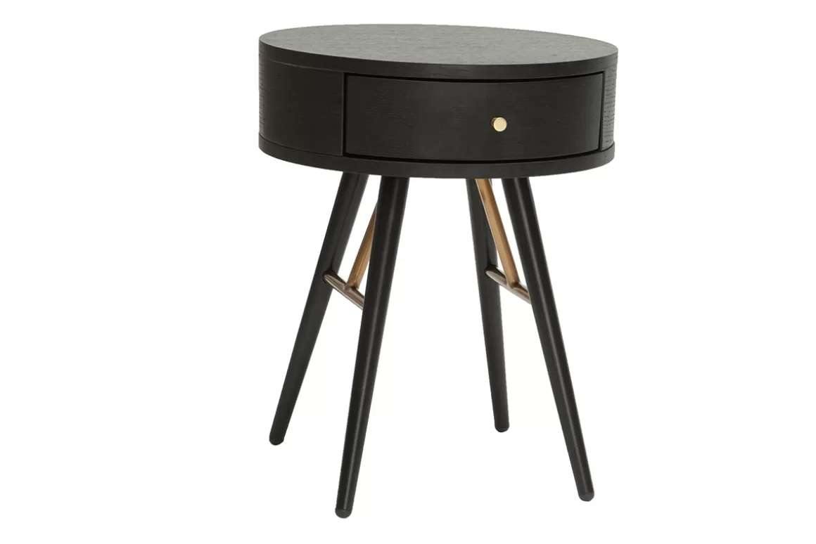 Miliboo Runder Vintage-Nachttisch aus Holz, schwarzem Metall und goldfarbenen Details KORAL