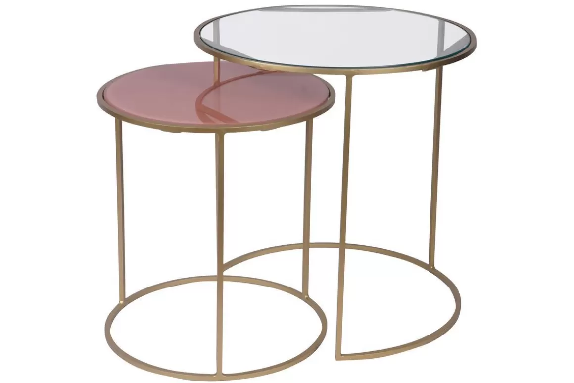 Miliboo Satztische aus roséfarbenem Glas und goldfarbenem Metall (2er-Set) JANE