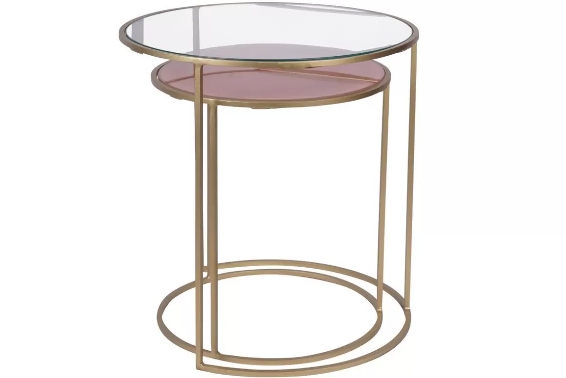 Miliboo Satztische aus roséfarbenem Glas und goldfarbenem Metall (2er-Set) JANE