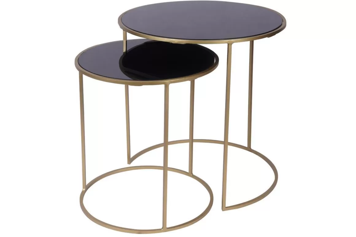 Miliboo Satztische aus schwarz getöntem Glas und goldfarbenem Metall (2er-Set) JANE