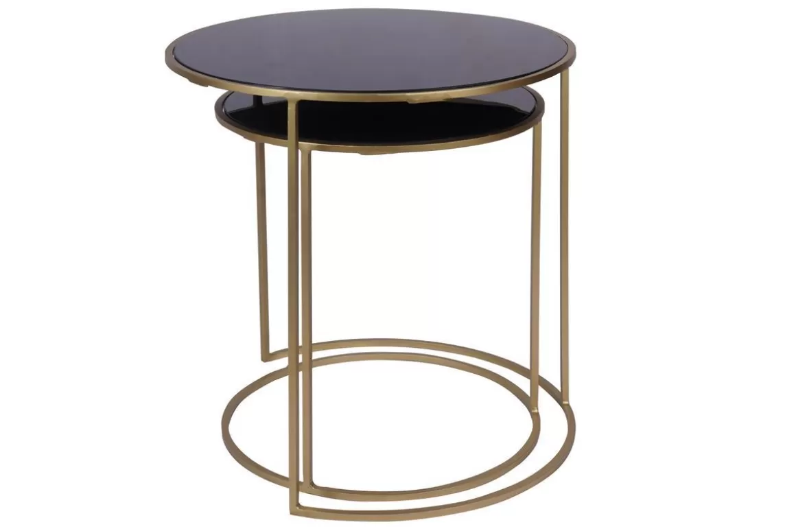 Miliboo Satztische aus schwarz getöntem Glas und goldfarbenem Metall (2er-Set) JANE