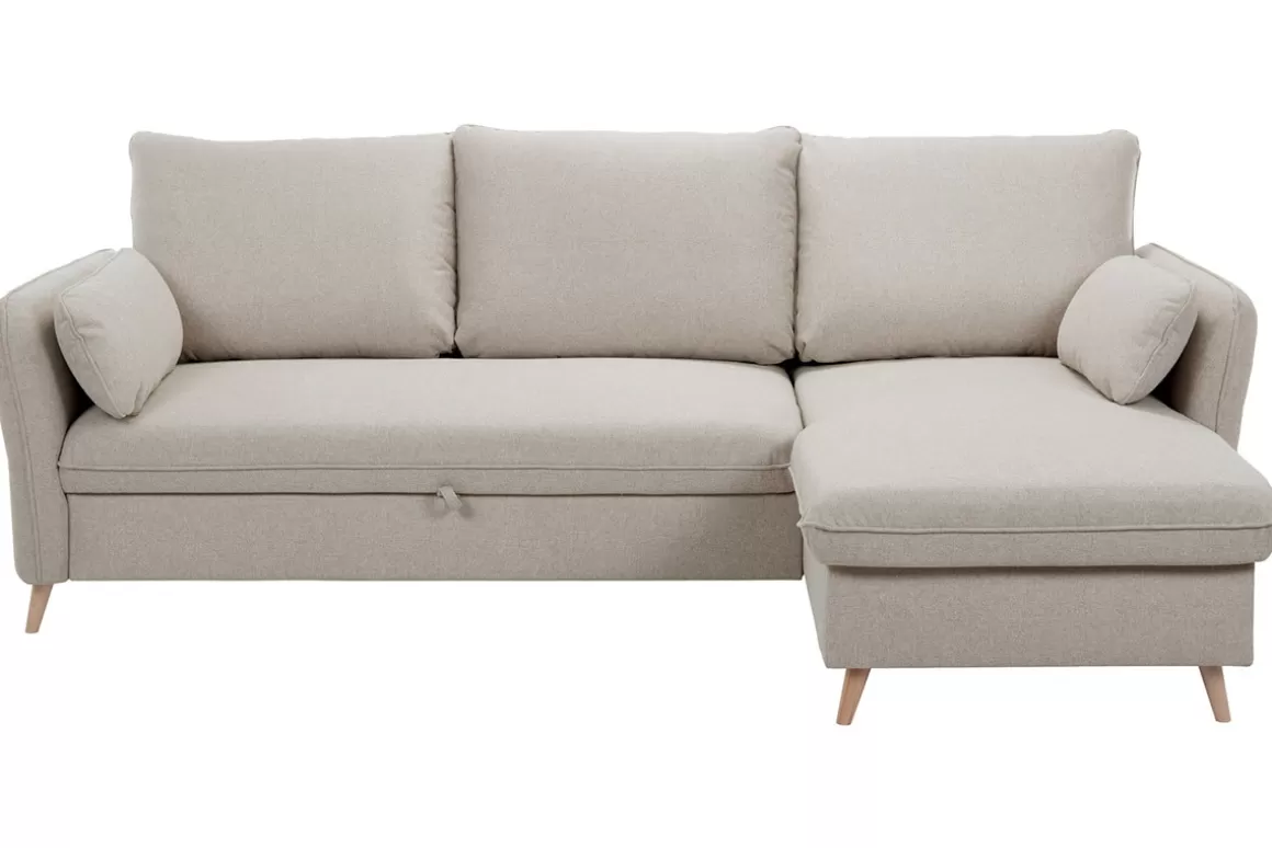 Miliboo Schlaf-Ecksofa mit Stauraum 3/4-Sitzer beiger Stoff und helles Holz DRISS