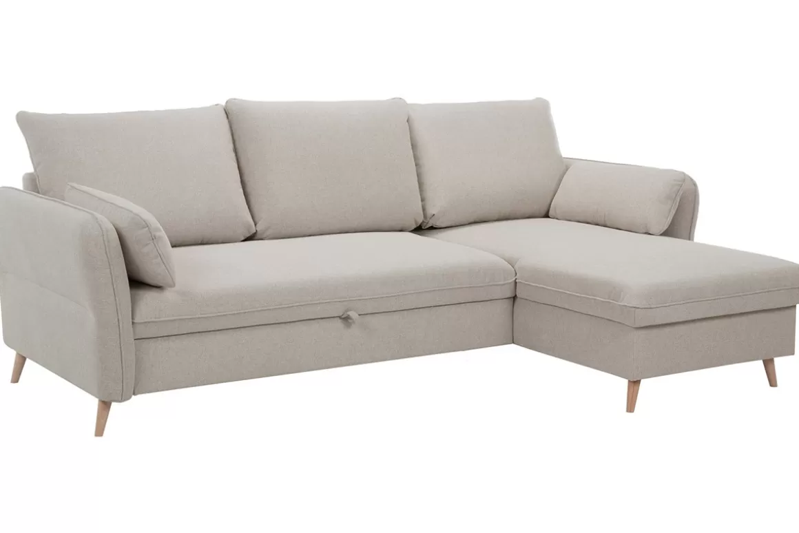 Miliboo Schlaf-Ecksofa mit Stauraum 3/4-Sitzer beiger Stoff und helles Holz DRISS