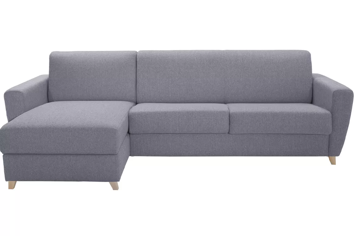 Miliboo Schlaf-Ecksofa mit Stauraum 4-Sitzer grauer Stoff und helles Holz anpassbar GRAHAM