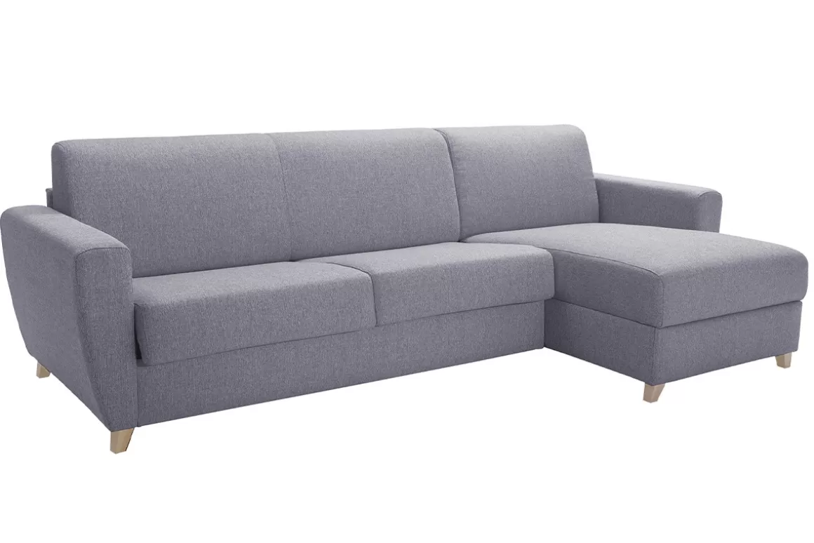 Miliboo Schlaf-Ecksofa mit Stauraum 4-Sitzer grauer Stoff und helles Holz anpassbar GRAHAM