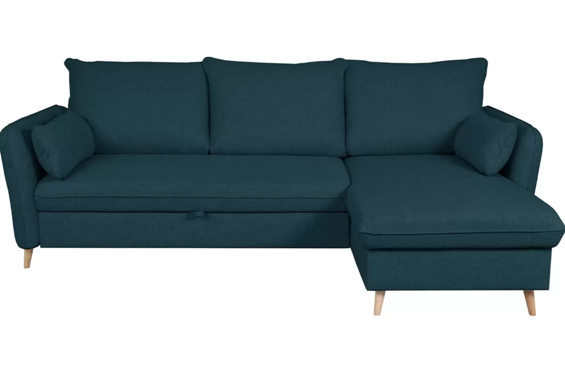 Miliboo Schlaf-Ecksofa mit Stauraum 3/4-Sitzer ozeanblauer Stoff und helles Holz DRISS