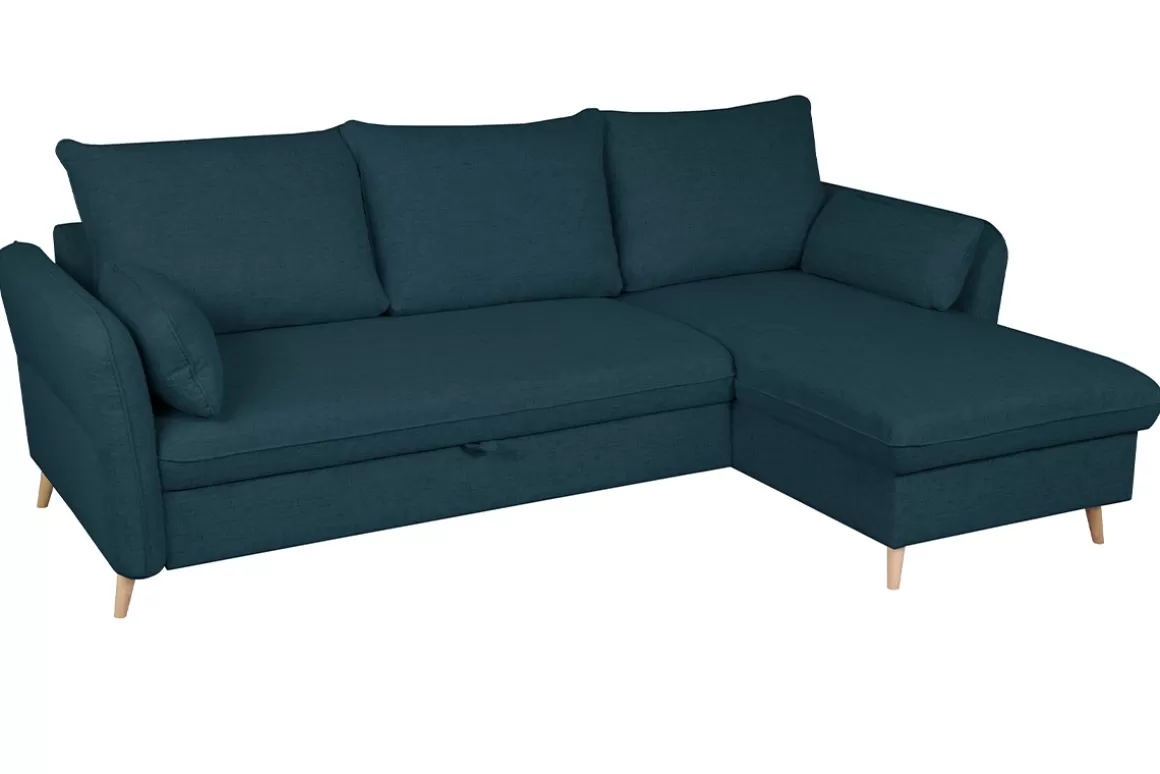 Miliboo Schlaf-Ecksofa mit Stauraum 3/4-Sitzer ozeanblauer Stoff und helles Holz DRISS