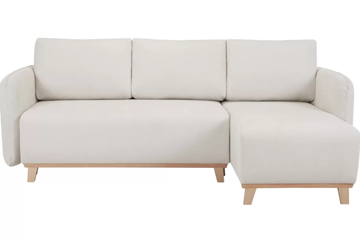 Miliboo Schlaf-Ecksofa modulierbar beiger Stoff mit Velours-Effekt und helles Holz 3-4 Sitzer ROMANE