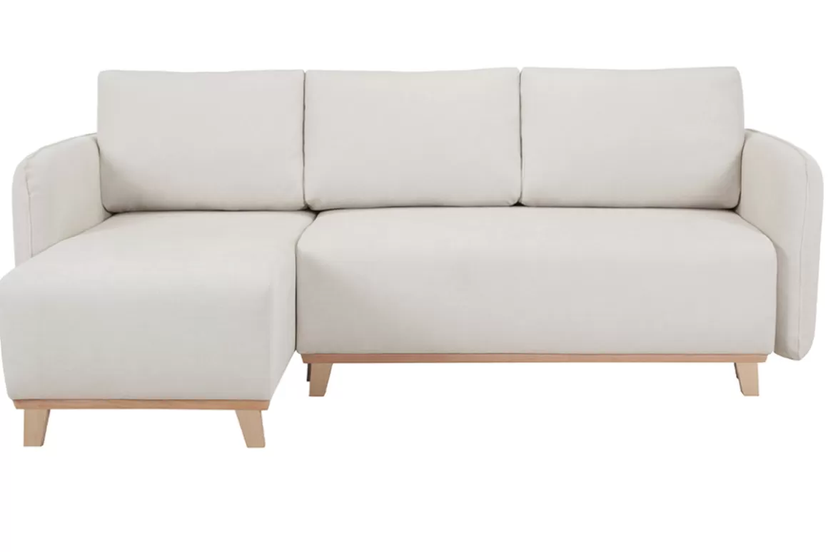Miliboo Schlaf-Ecksofa modulierbar beiger Stoff mit Velours-Effekt und helles Holz 3-4 Sitzer ROMANE