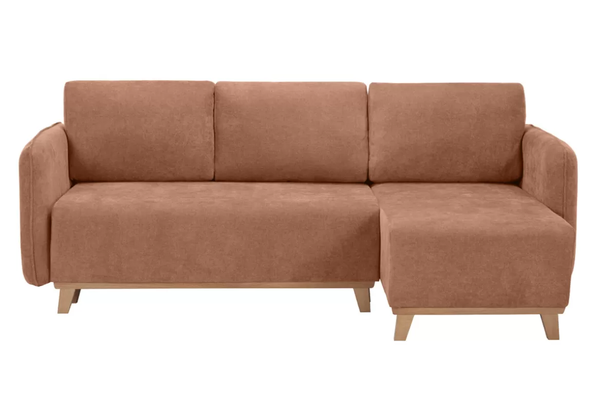 Miliboo Schlaf-Ecksofa modulierbar terracottafarbener Stoff mit Velours-Effekt und helles Holz 3-4 Sitzer ROMANE