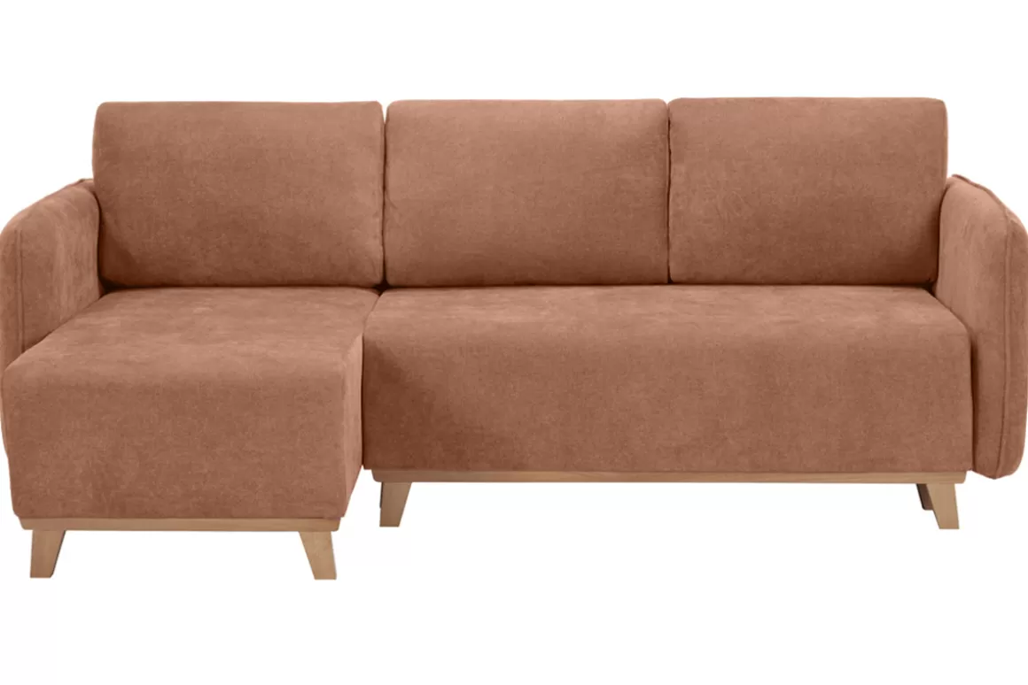 Miliboo Schlaf-Ecksofa modulierbar terracottafarbener Stoff mit Velours-Effekt und helles Holz 3-4 Sitzer ROMANE