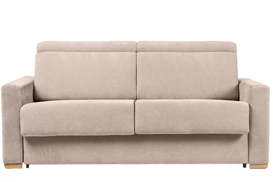 Miliboo Schlafsofa mit verstellbaren Kopfstützen für 3 Personen in beige-samtigem Effektgewebe mit einer Matratze von 18 cm NORO