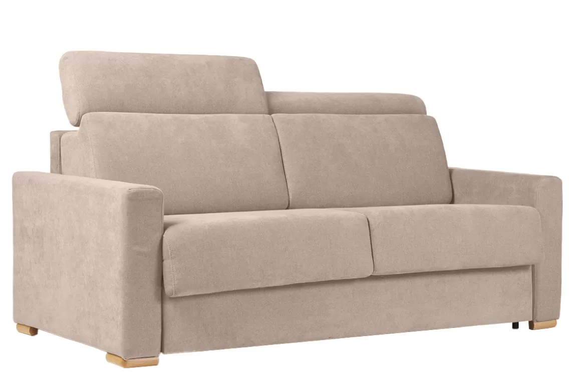 Miliboo Schlafsofa mit verstellbaren Kopfstützen für 3 Personen in beige-samtigem Effektgewebe mit einer Matratze von 18 cm NORO