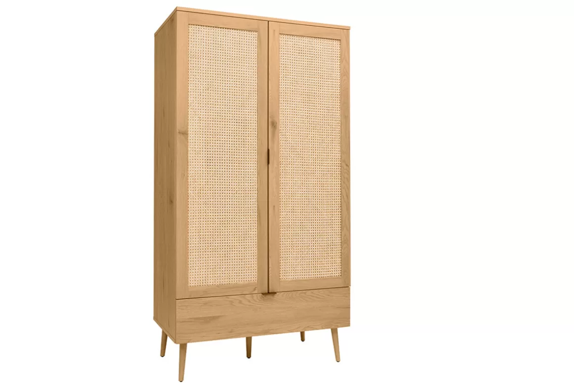 Miliboo Schrank in heller Holzoptik, Rattan und schwarzem Metall H190 cm MANILLE