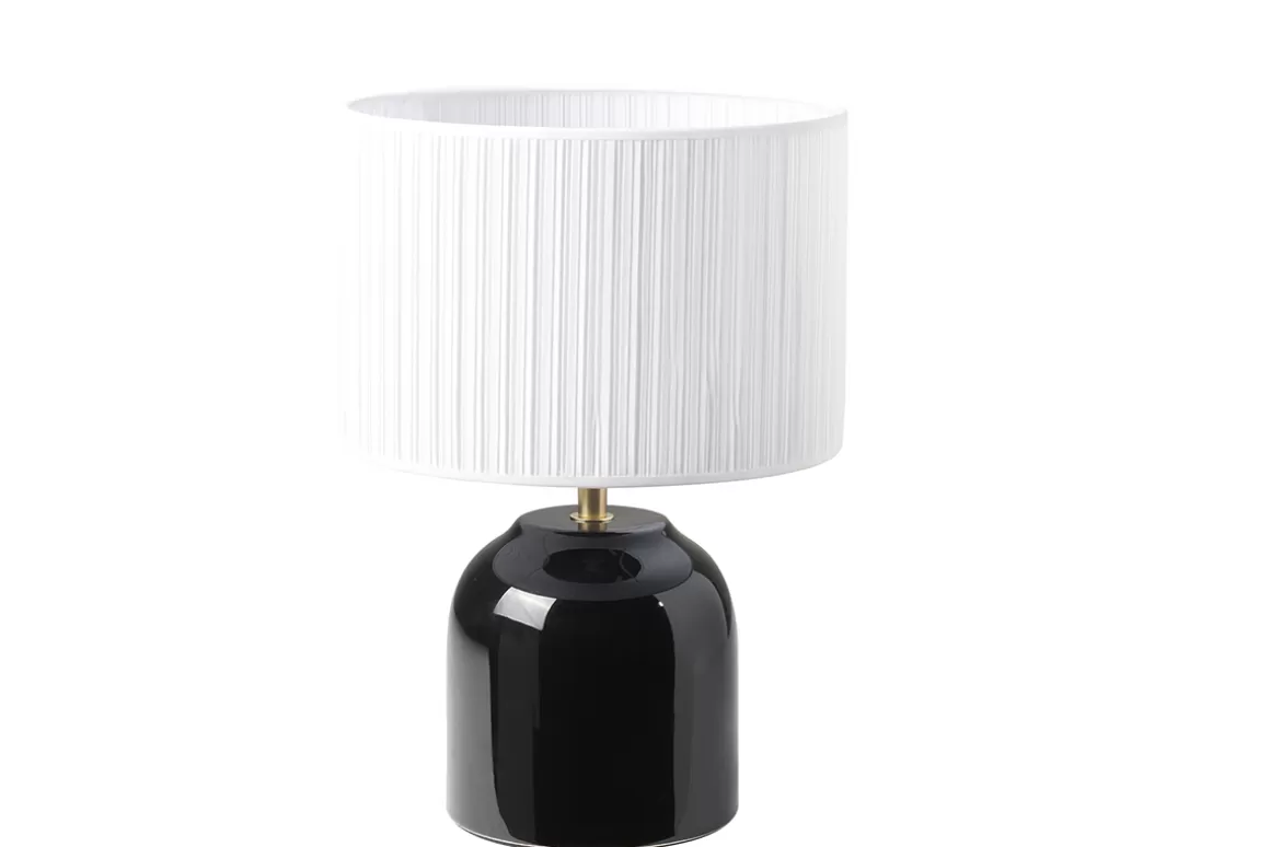 Miliboo Schwarze Tischlampe aus glänzender Keramik und Lampenschirm aus weißem Plissee-Stoff H35 cm PIEGA
