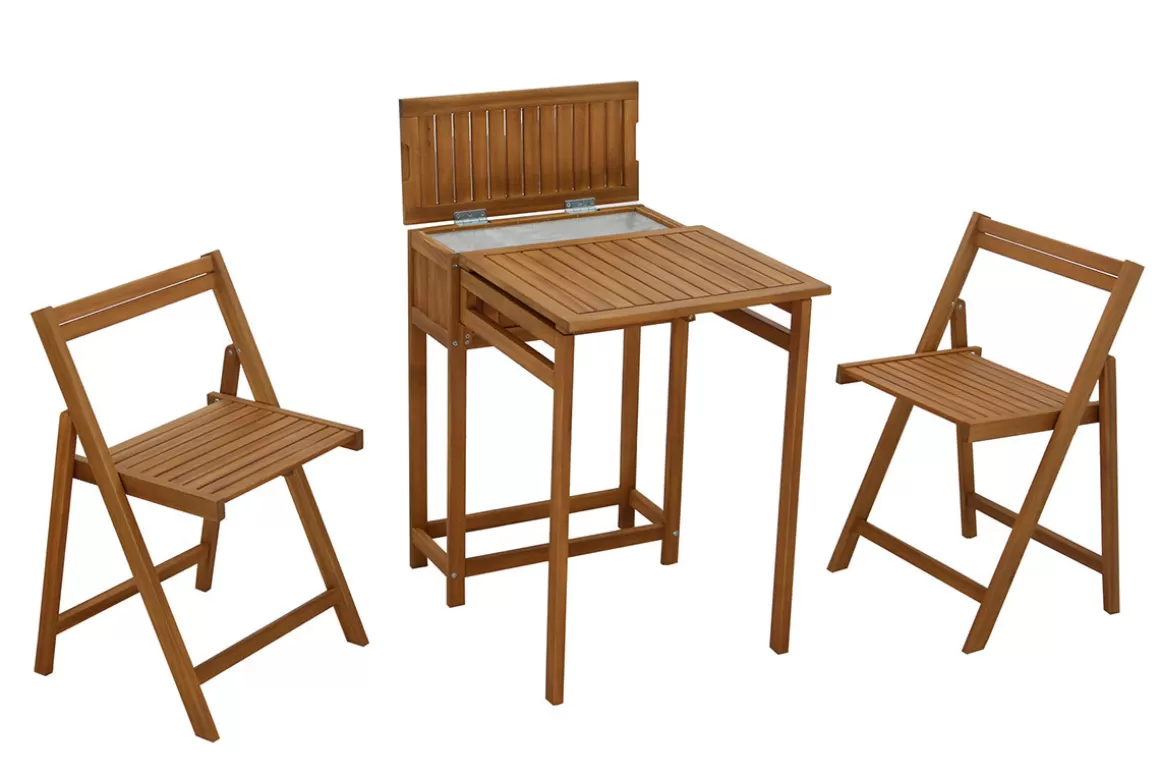 Miliboo Set aus 2 Klappstühlen und 1 klappbaren Balkontisch mit Stauraum aus Massivholz PRADO