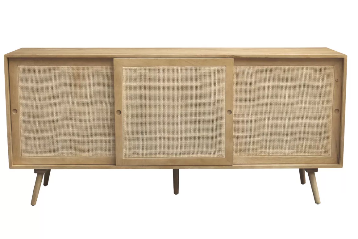 Miliboo Sideboard aus massivem Mangoholz und Rattangeflecht 3 Schiebetüren B180 cm ACANGE