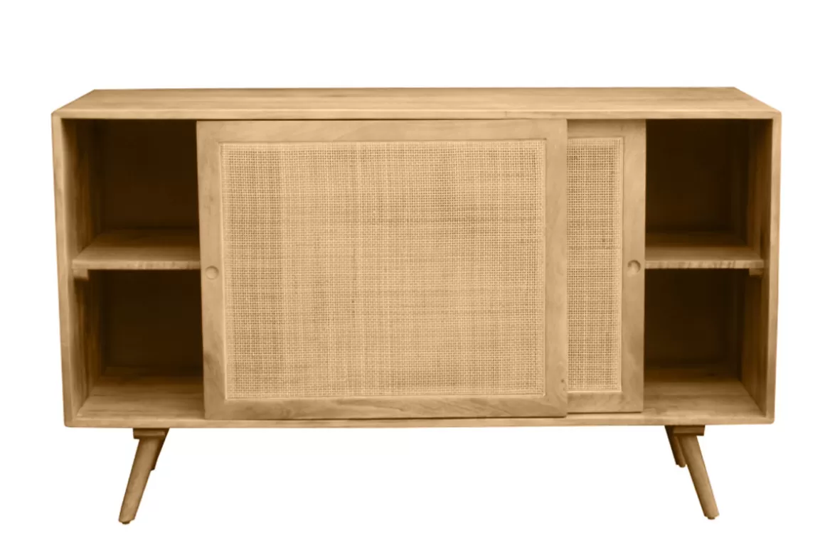 Miliboo Sideboard aus massivem Mangoholz und Rattangeflecht 2 Schiebetüren B135 cm ACANGE