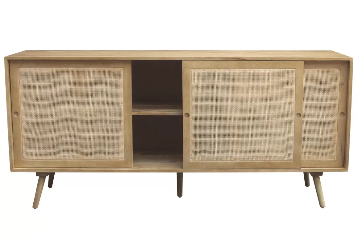 Miliboo Sideboard aus massivem Mangoholz und Rattangeflecht 3 Schiebetüren B180 cm ACANGE