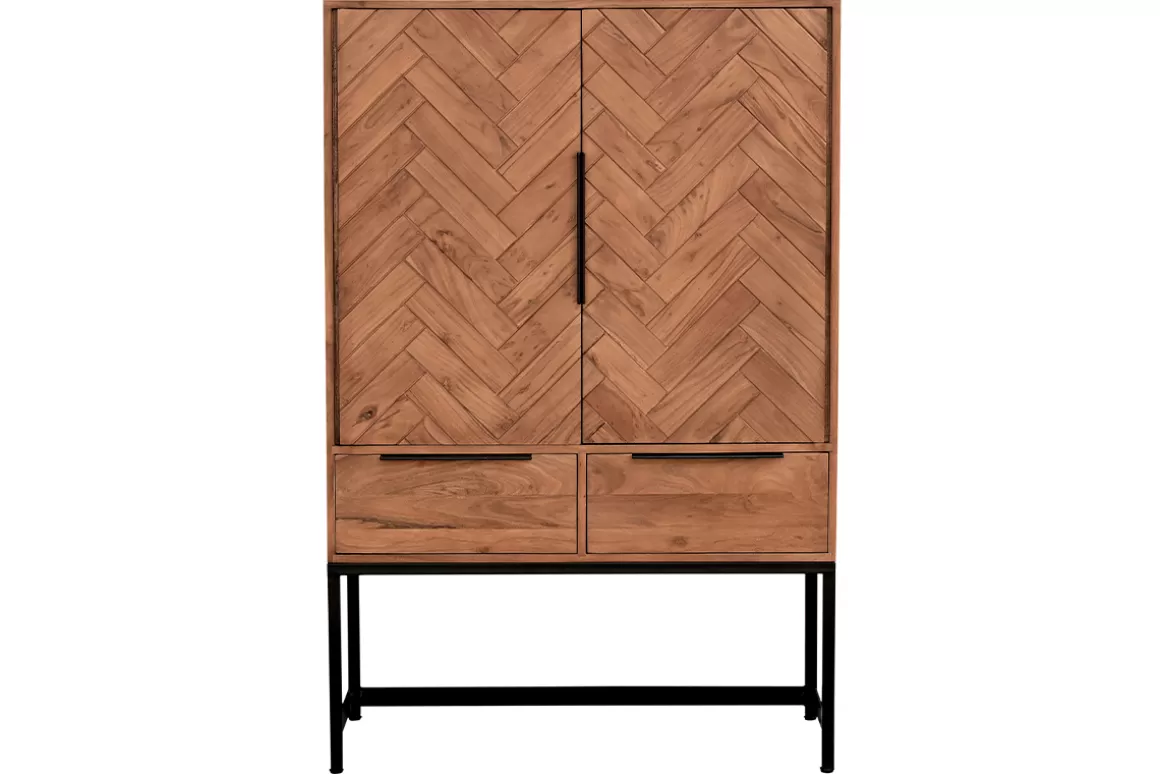 Miliboo Sideboard mit Fischgrätenmuster aus Massivholz und schwarzem Metall 2 Türen 2 Schubladen STICK