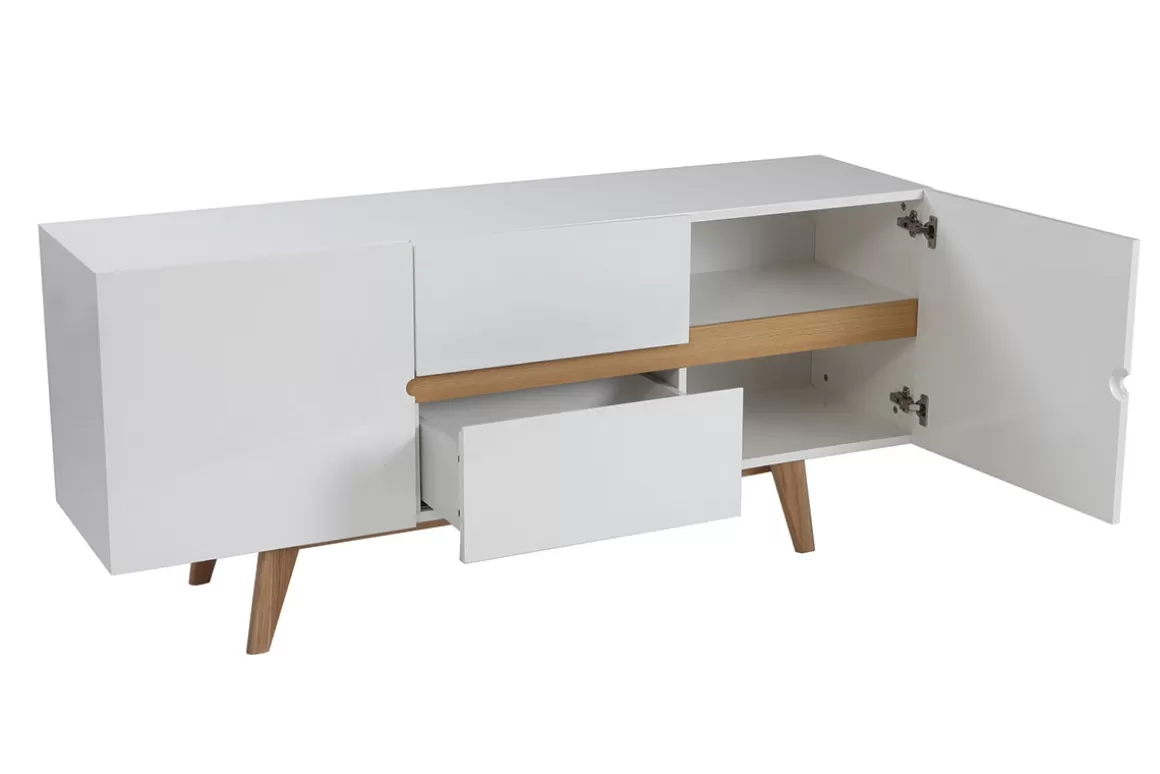 Miliboo Sideboard Skandinavienstil Weiß glänzend und Esche 160 cm MELKA