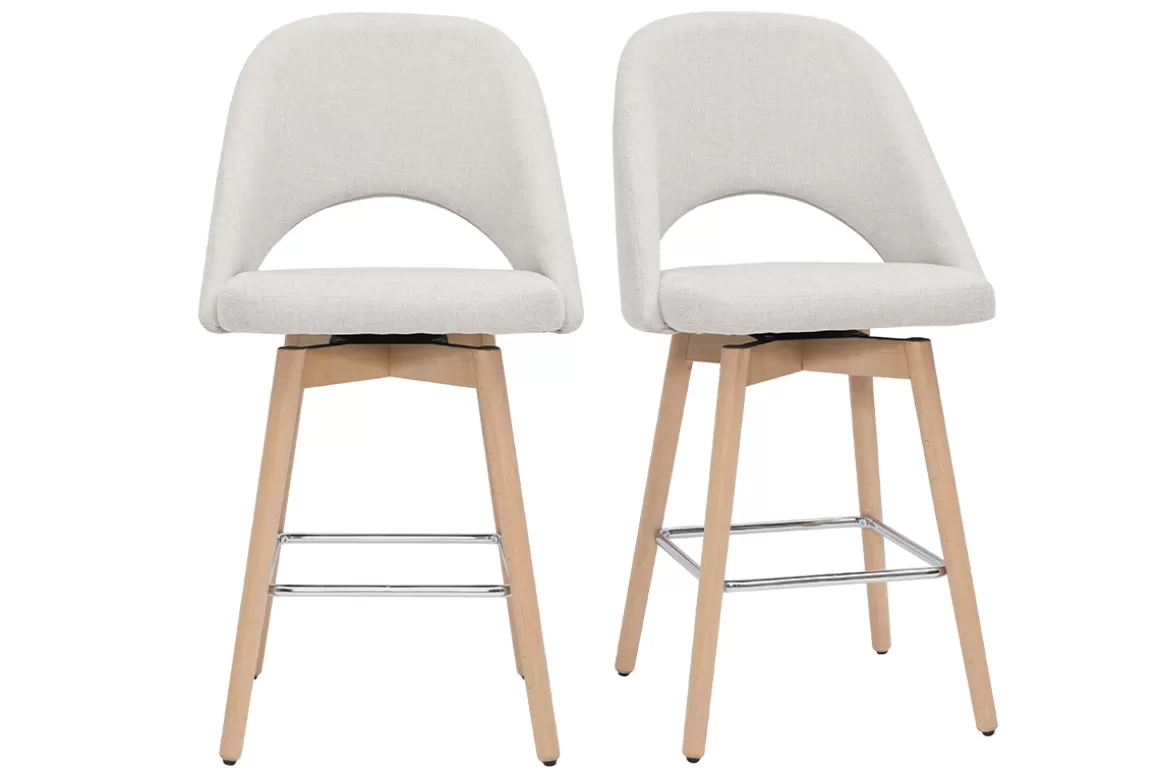 Miliboo Skandinavische Barhocker aus beigem Stoff mit Samteffekt und massivem Hevea H65 cm (2er-Set) COSETTE