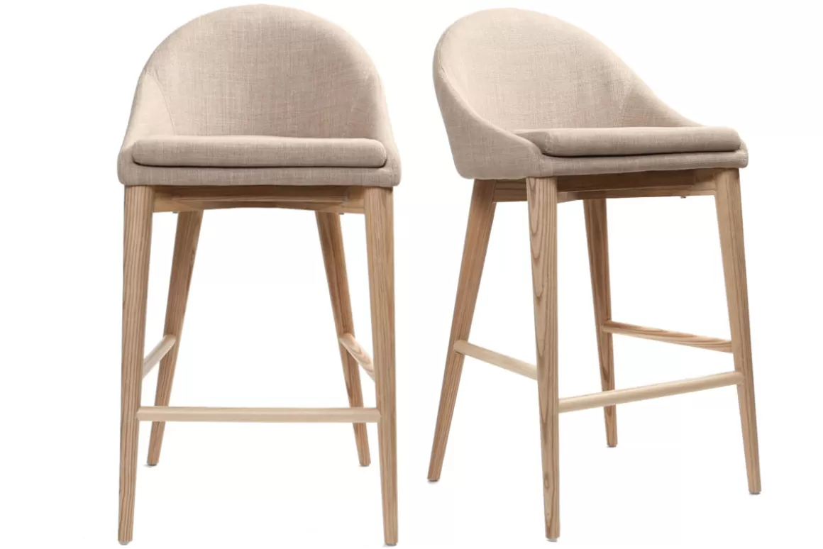 Miliboo Skandinavische Barhocker aus beigem Stoff und massiver Esche H66 cm (2er-Pack) DALIA