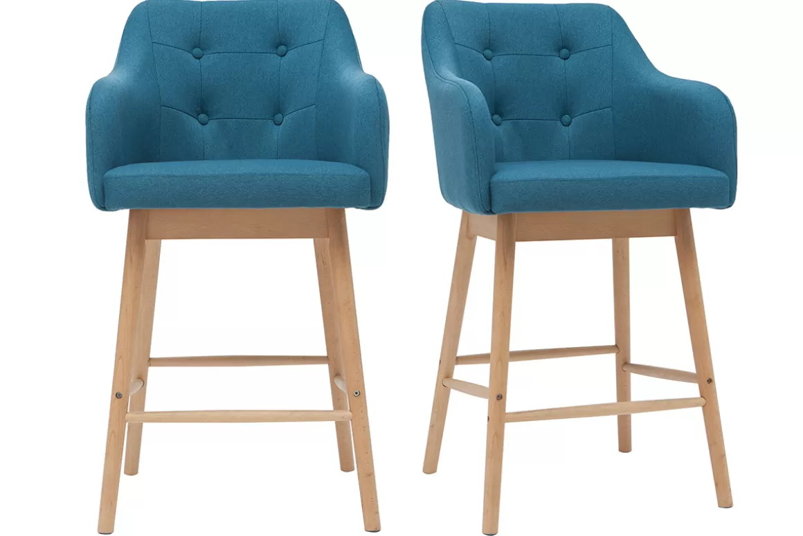 Miliboo Skandinavische Barhocker aus entenblauem Stoff und Holz H65 cm (2er-Satz) BALTIK