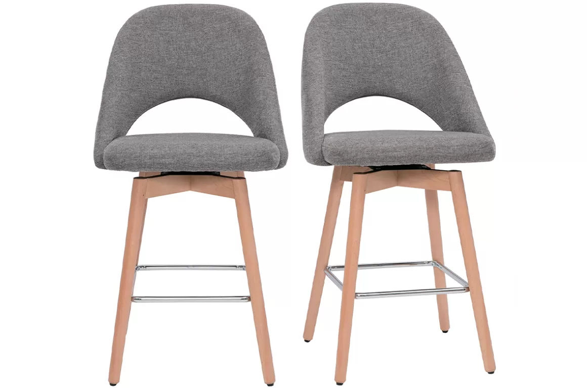 Miliboo Skandinavische Barhocker aus grauem Stoff mit Samteffekt und massivem Hevea H65 cm (2er-Set) COSETTE