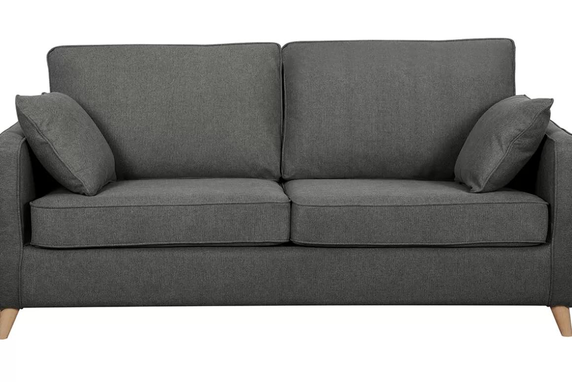 Miliboo Skandinavische Schlafcouch aus anthrazitgrauem Stoff und hellem Holz mit Matratze Dicke 10cm 3-Sitzer PAPEL