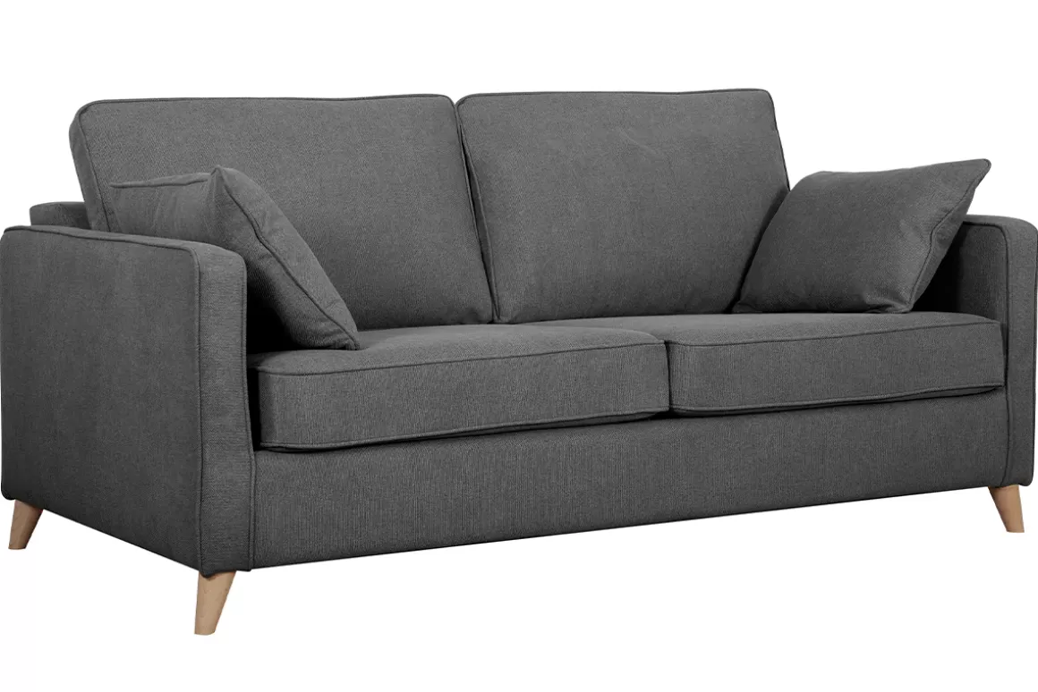 Miliboo Skandinavische Schlafcouch aus anthrazitgrauem Stoff und hellem Holz mit Matratze Dicke 10cm 3-Sitzer PAPEL