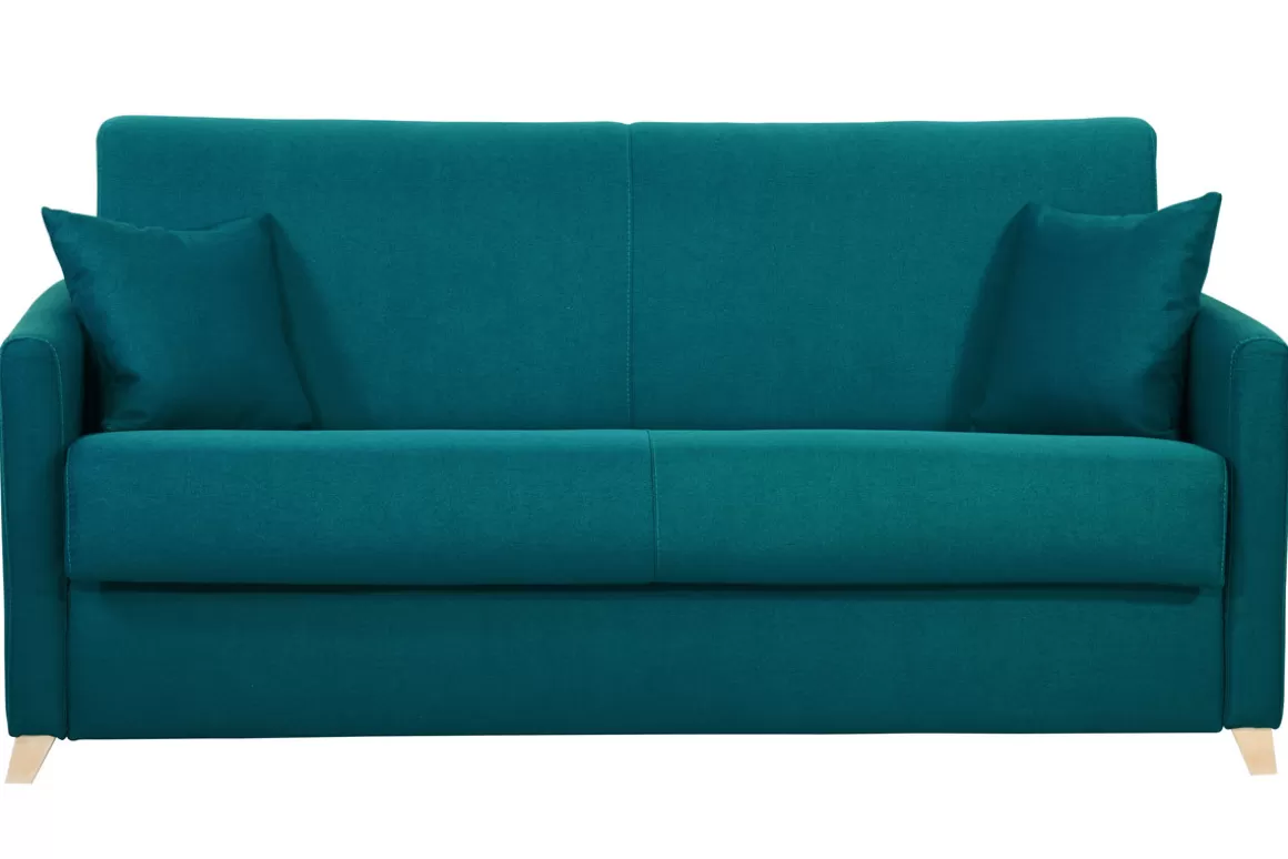Miliboo Skandinavische Schlafcouch entenblau aus hellem Holz mit Matratze 18 cm 3-Sitzer SKANDY
