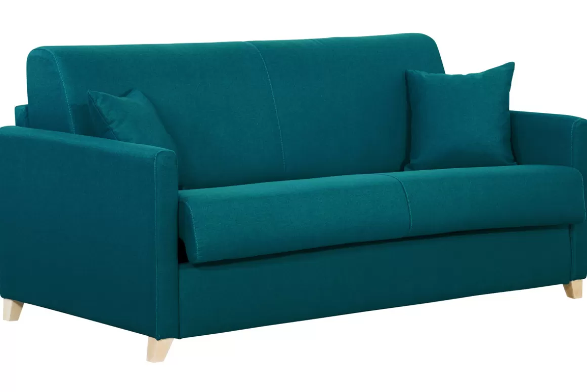 Miliboo Skandinavische Schlafcouch entenblau aus hellem Holz mit Matratze 18 cm 3-Sitzer SKANDY