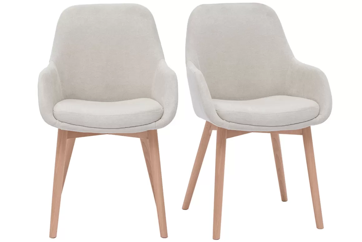 Miliboo Skandinavische Stühle aus beigem Stoff mit Samteffekt und helles Massivholz (2er-Set) HOLO