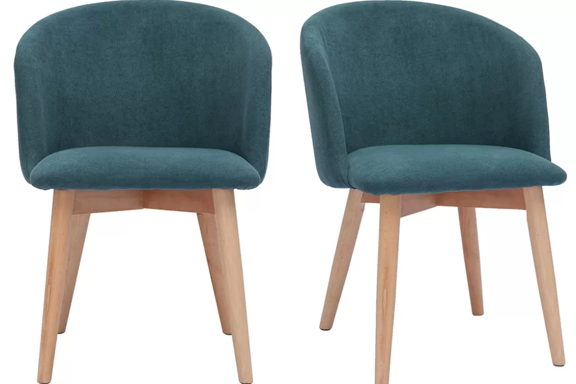 Miliboo Skandinavische Stühle aus entenblauem Stoff mit Samteffekt und hellem Massivholz (2er-Set) VANITY