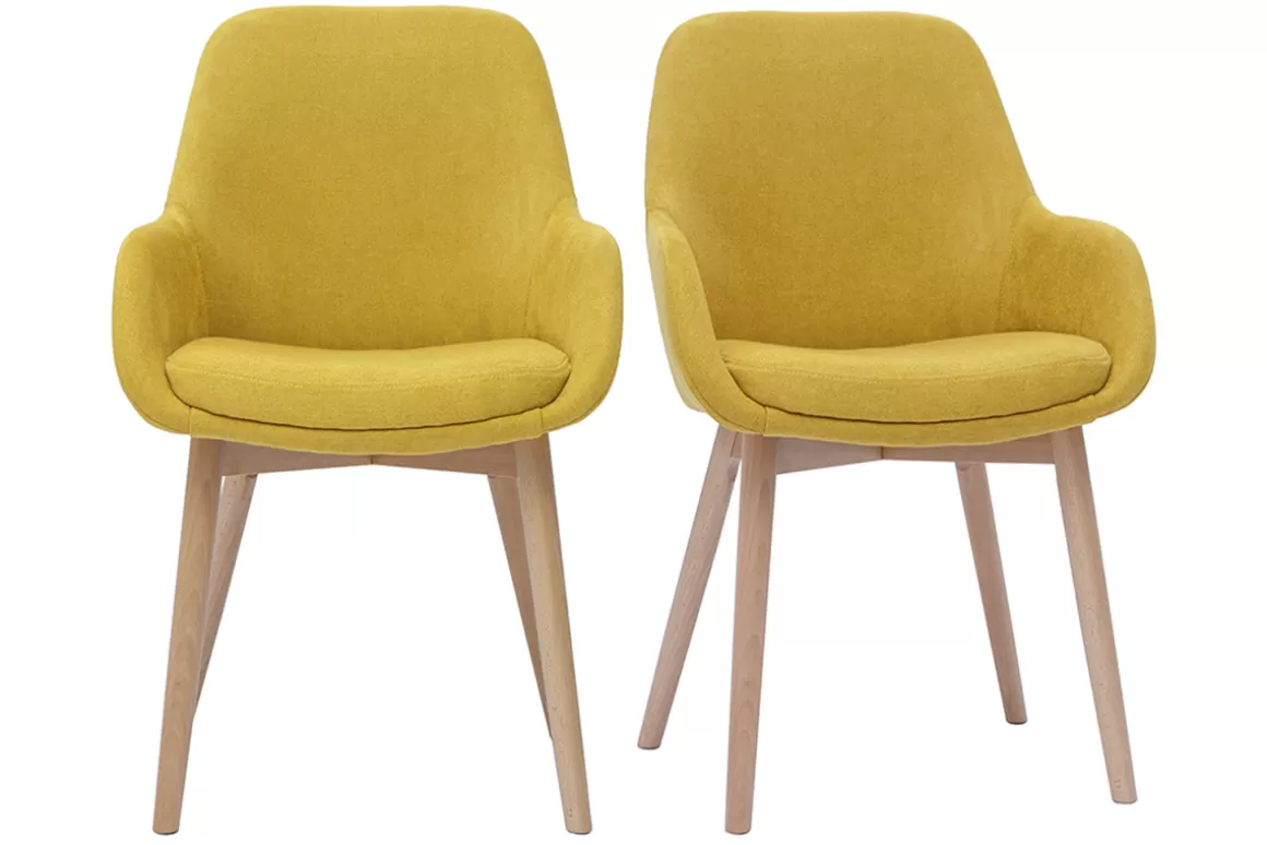 Miliboo Skandinavische Stühle aus senfgelbem Stoff mit Samteffekt und helles Massivholz (2er-Set) HOLO