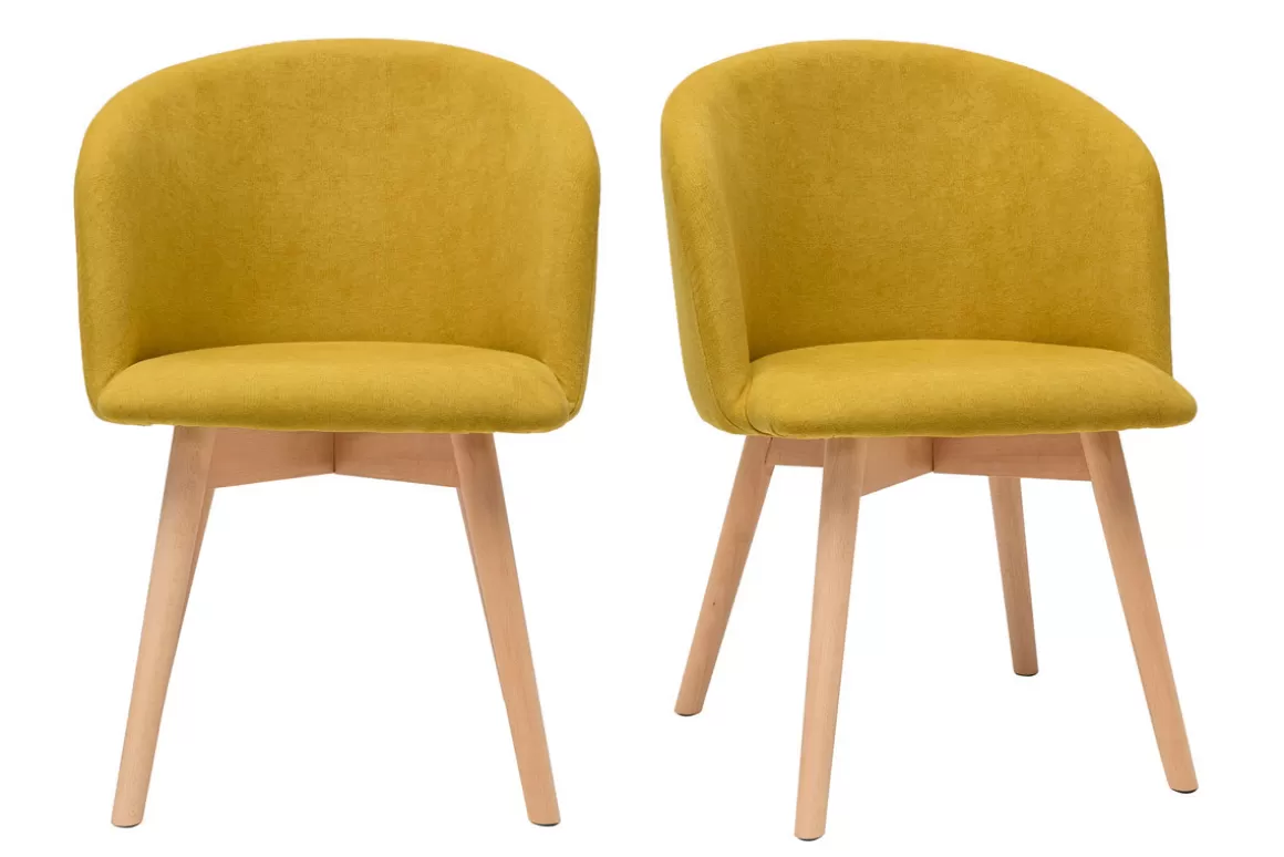 Miliboo Skandinavische Stühle aus senfgelbem Stoff mit Samteffekt und massivem Buchenholz (2er-Set) VANITY
