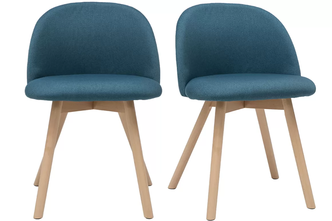 Miliboo Skandinavische Stühle mit entenblauem Stoff und massivem Buchenholz (2er-Set) CELESTE