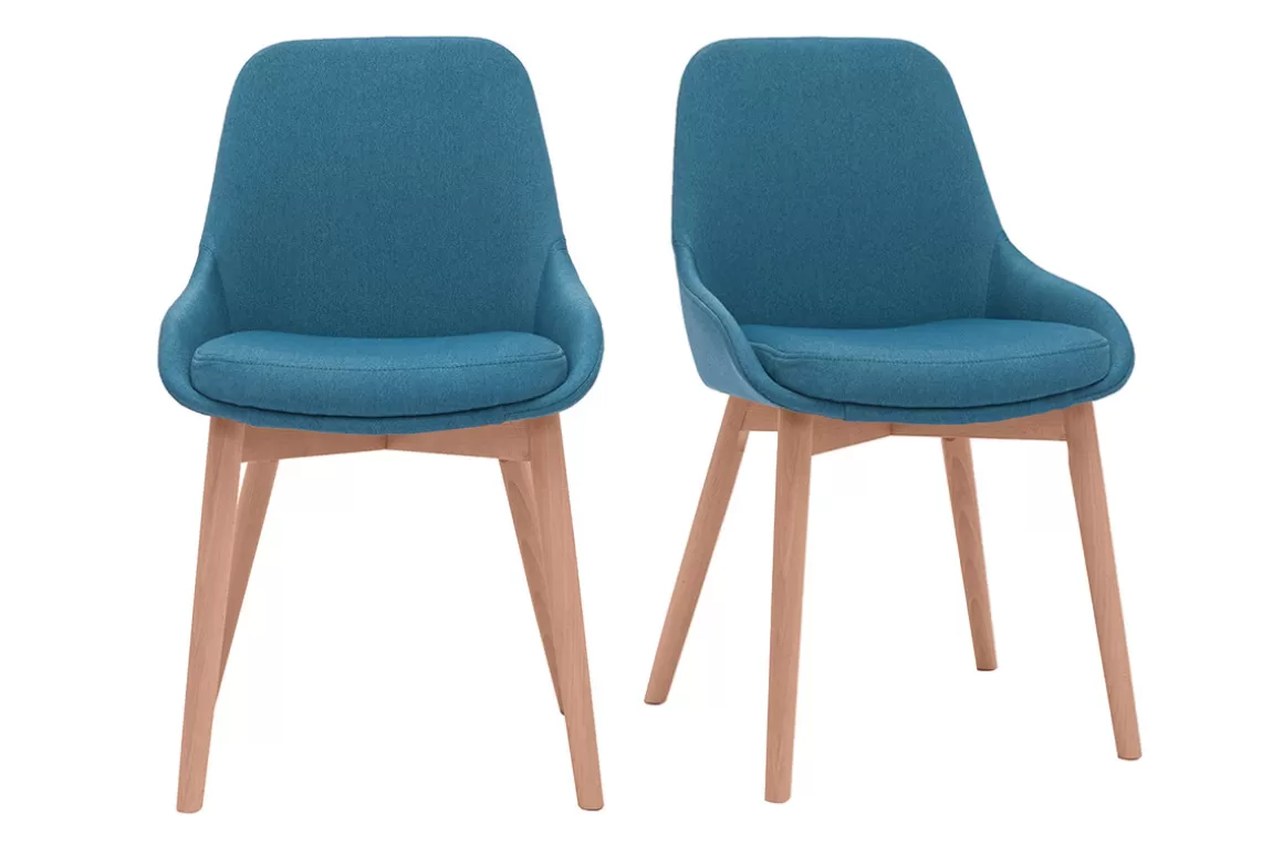 Miliboo Skandinavische Stühle mit entenblauem Stoff und massivem Buchenholz (2er-Set) HOLO